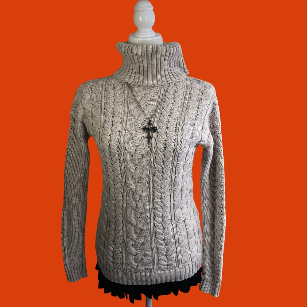 Gap Cable Knit Turtleneck Sweater Womens XS Oatmeal Heather Cotton Winter Warm